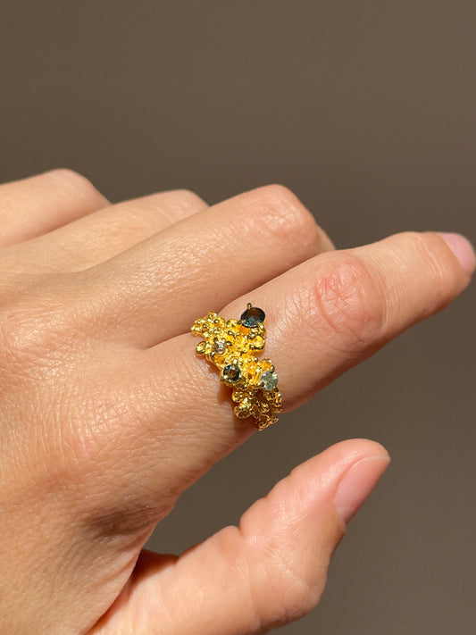 Coral Ring Gold with Green Sapphires & Tourmaline - size 6.5