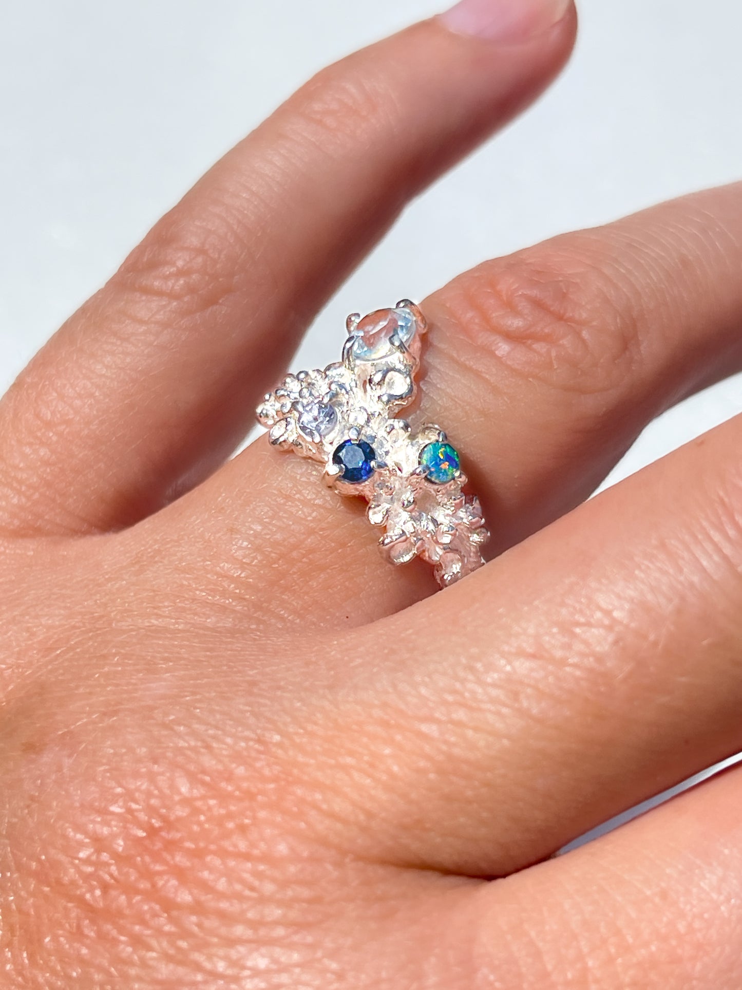 Coral Ring Silver with Blue Sapphires, Aquamarine & Opal - size 6.5