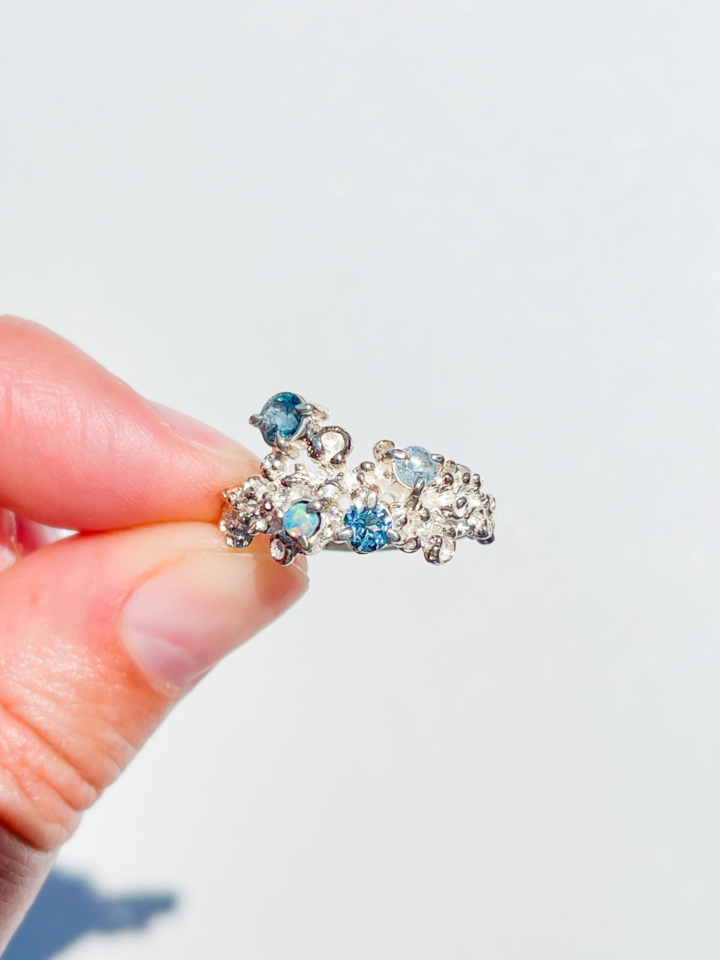 Coral Ring Silver with Blue Sapphires, Aquamarine & Opal - size 7