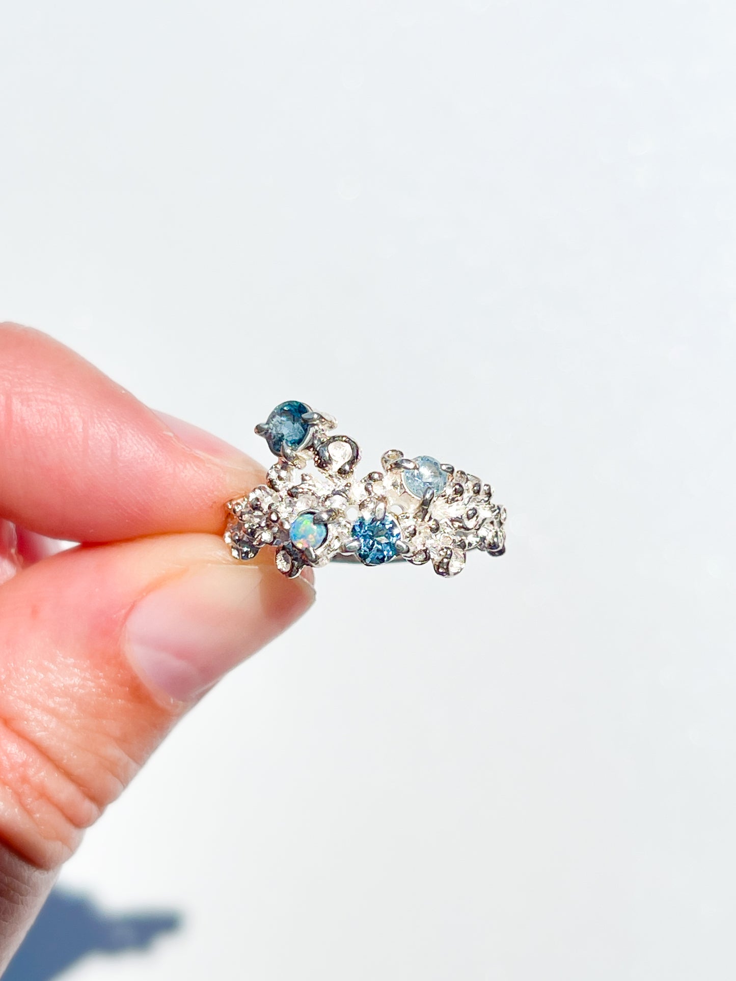Coral Ring Silver with Blue Sapphires, Aquamarine & Opal - size 7