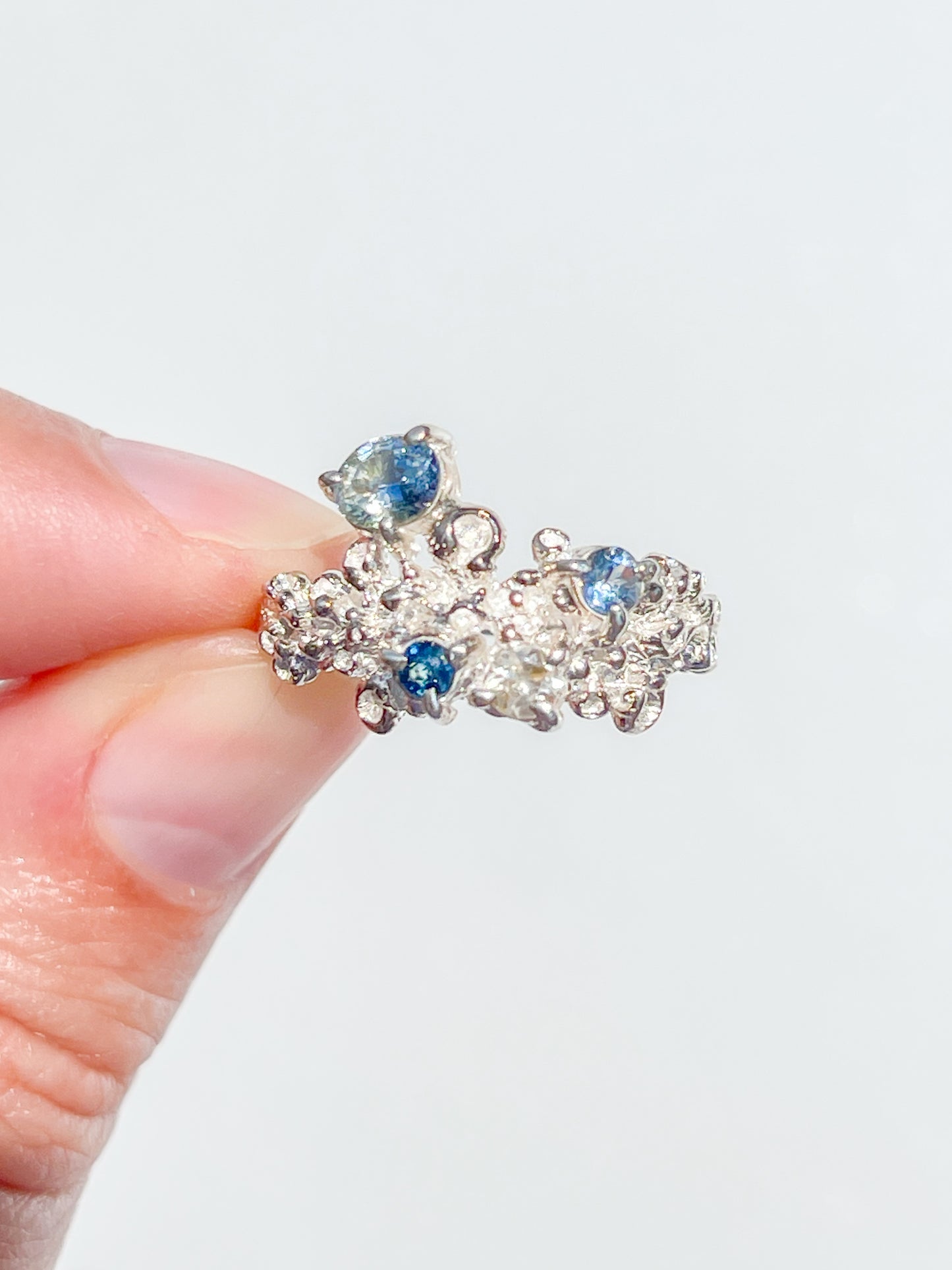 Coral Ring Silver with Ombre Blue, Blue & White Sapphires - size 7