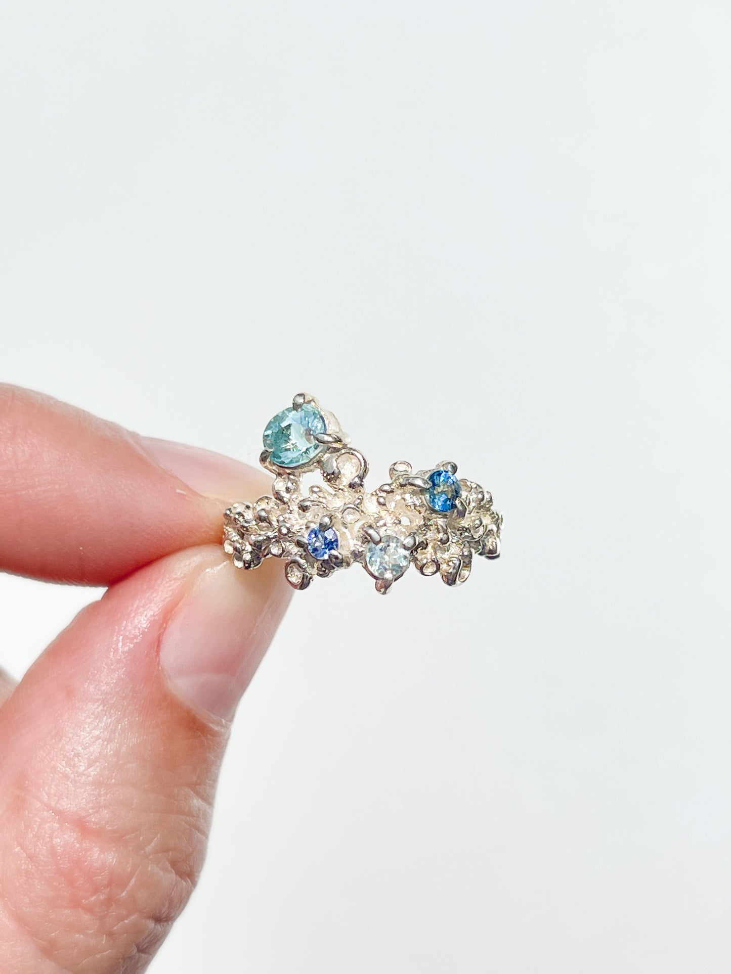 Coral Ring Silver with Blue Sapphires & Aquamarine - size 7