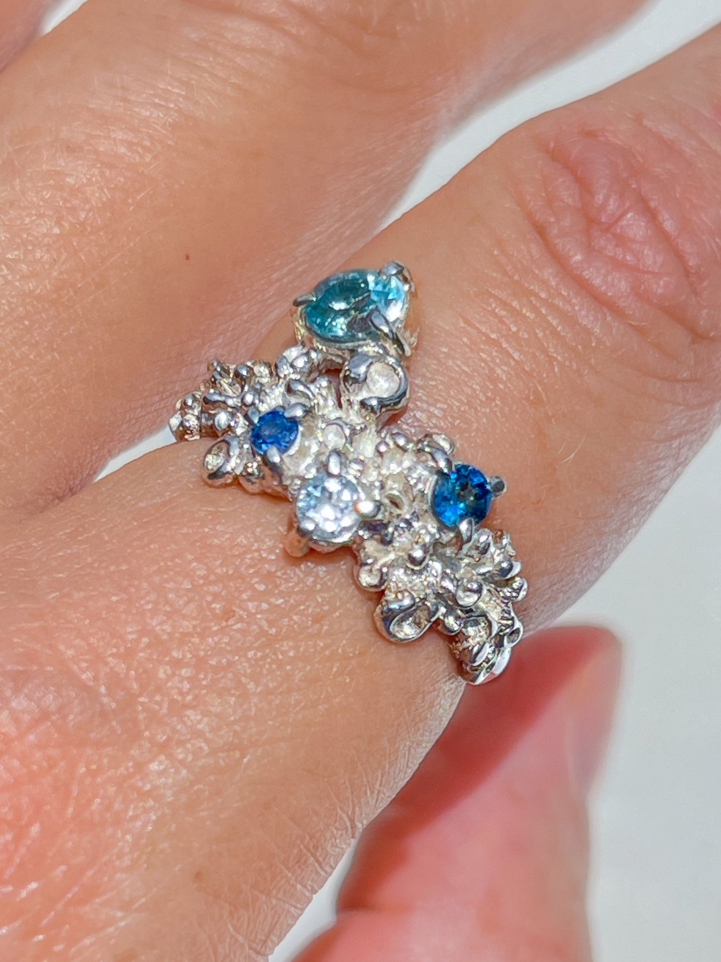 Coral Ring Silver with Blue Sapphires & Aquamarine - size 7