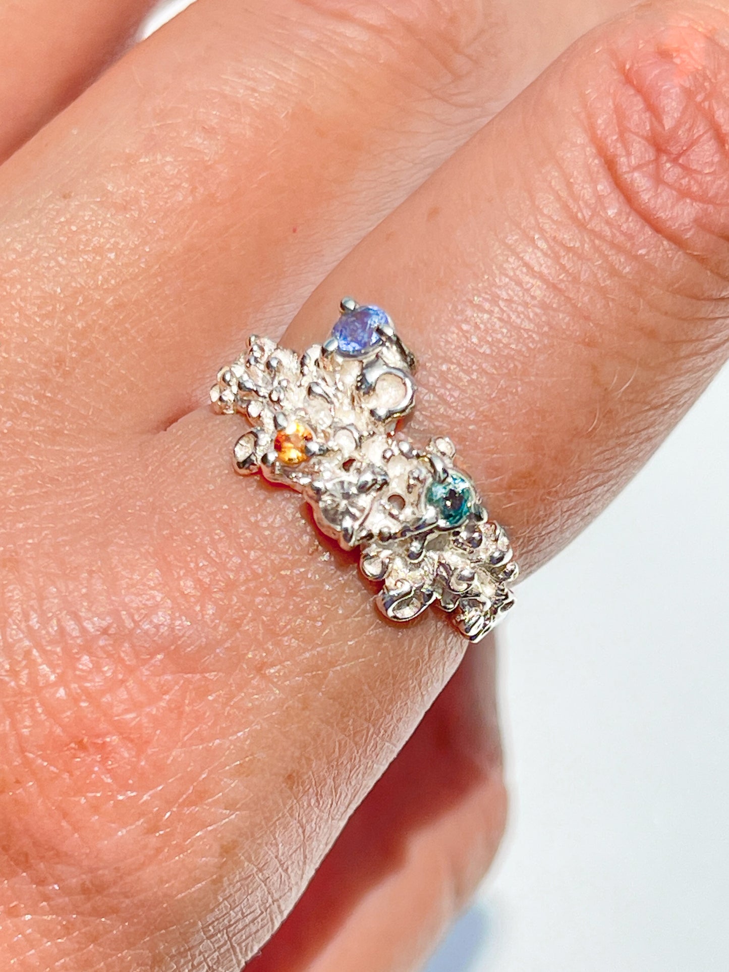 Coral Ring Silver with Blue, Green, Orange & White Sapphires  - size 7.5