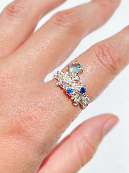 Coral Ring Silver with Blue & Pink Sapphires, and a large Aquamarine Gem stones- size 7.5