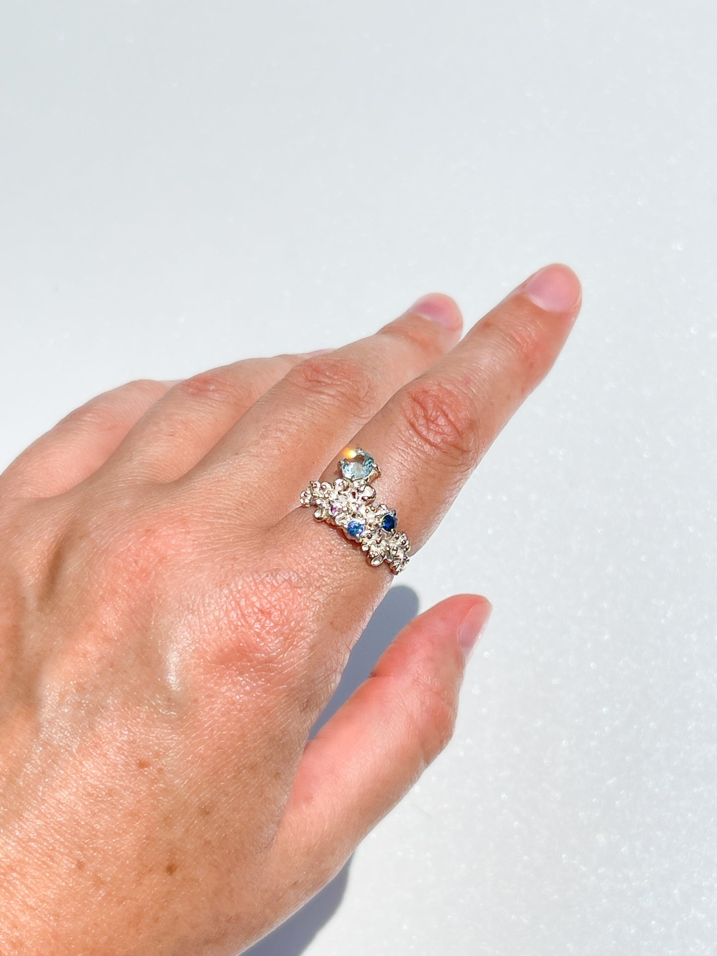 Coral Ring Silver with Blue & Pink Sapphires, and a large Aquamarine Gem stones- size 7.5