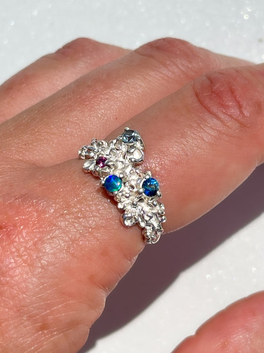 Coral Ring Silver with Blue & Pink Sapphires, and Opal gemstones  - size 7.5