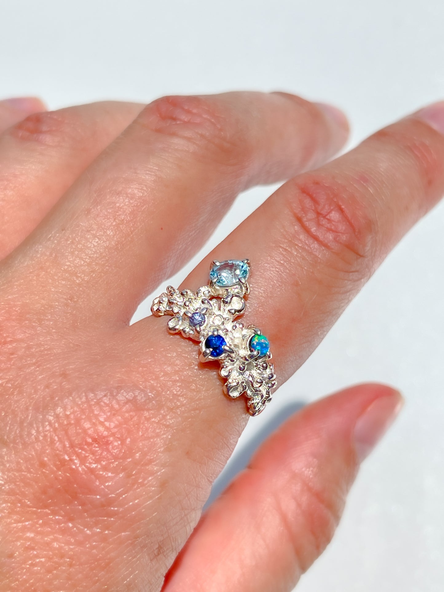 Coral Ring Silver with Blue Sapphires, Opals, & a large Aquamarine gemstones  - size 8