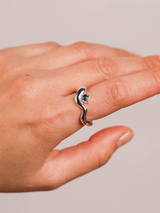 Wave Ring Silver with single Sapphire Stone # 1 | Size 6