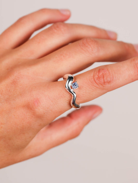Wave Ring Silver with single Sapphire Stone # 4 | Size 8