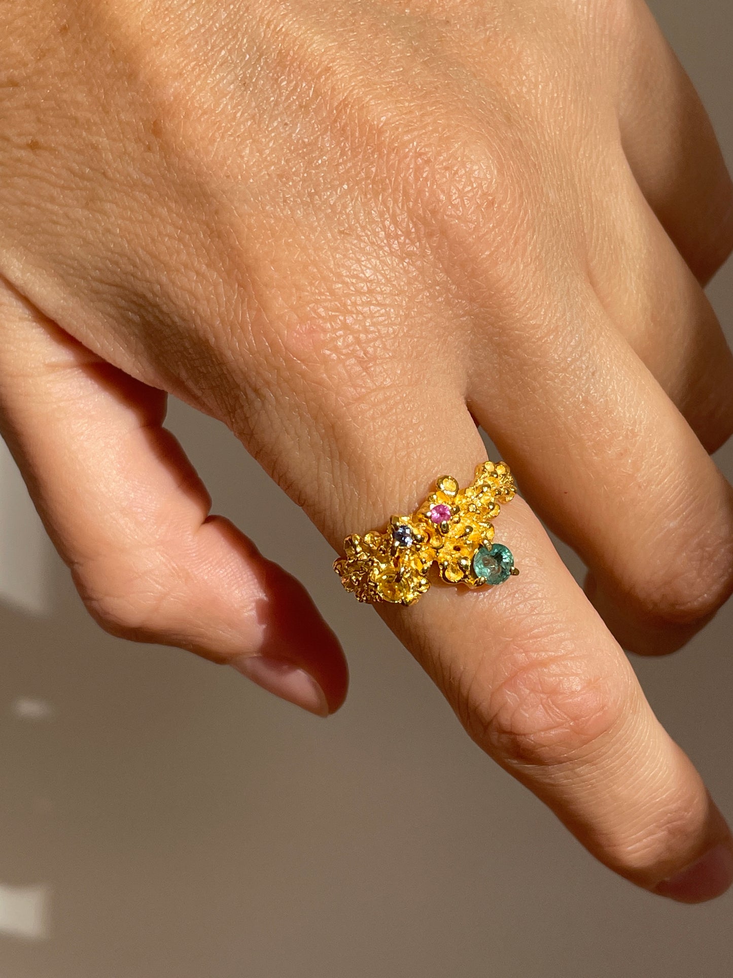 Coral Ring Gold with Candy coloured Sapphires & Emerald - size 7.5