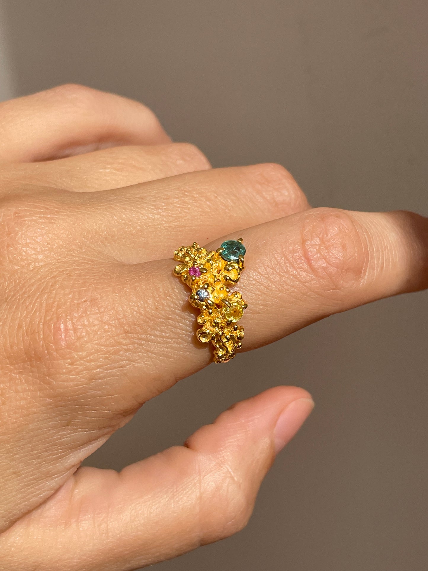 Coral Ring Gold with Candy coloured Sapphires & Emerald - size 7.5