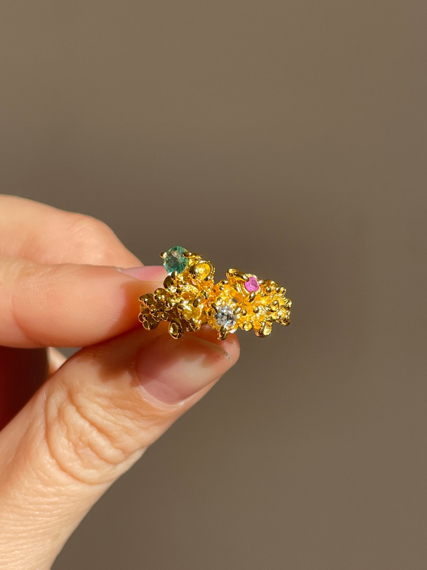 Coral Ring Gold with Candy coloured Sapphires - size 7