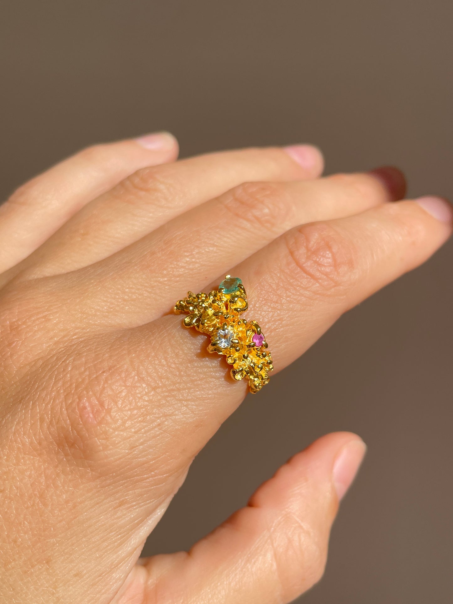 Coral Ring Gold with Candy coloured Sapphires - size 7