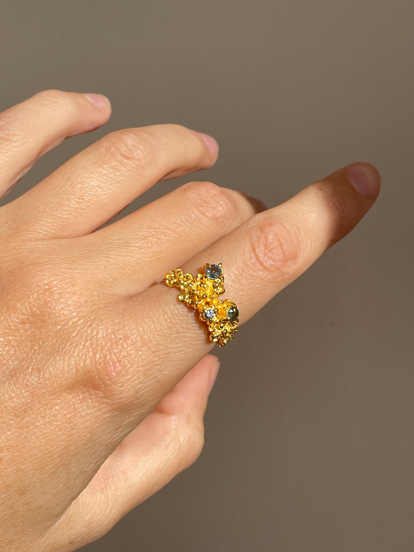 Coral Ring Gold with Blue & Green Sapphires - size 6.5
