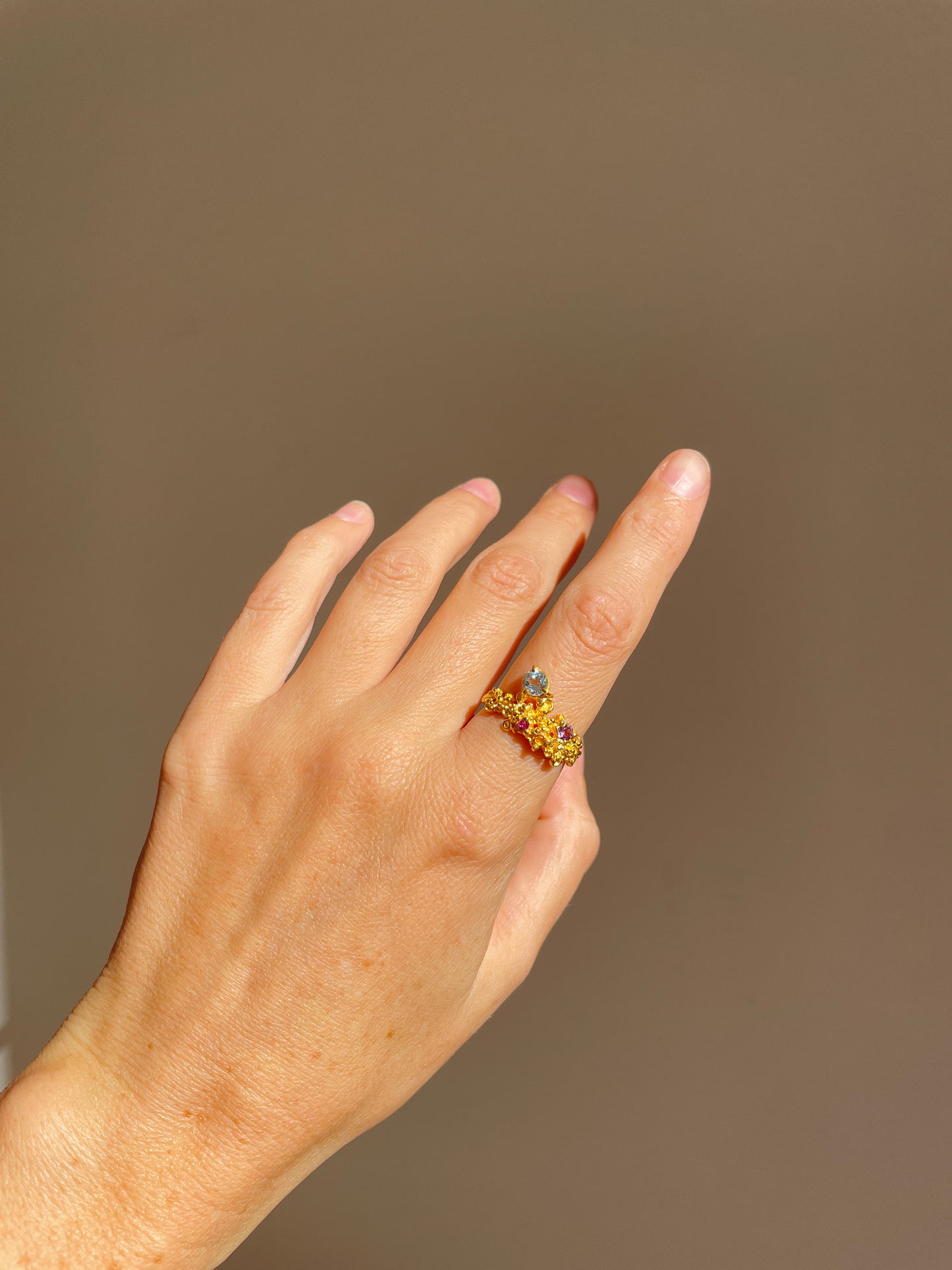 Coral Ring Gold with Candy coloured Sapphires - size 8