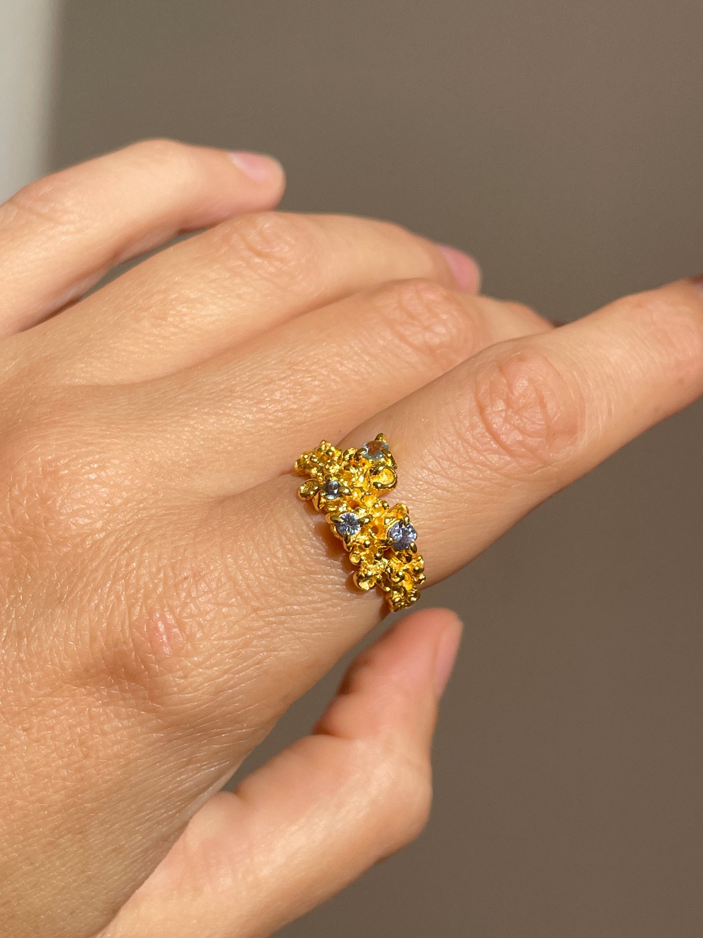 Coral Ring Gold with Blue & Aqua Sapphires - size 7