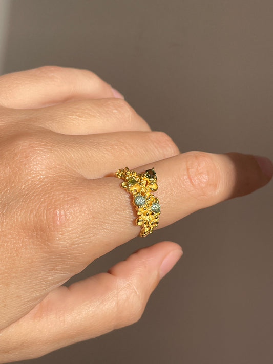 Coral Ring Gold with Green Sapphires & Tourmaline - size 8