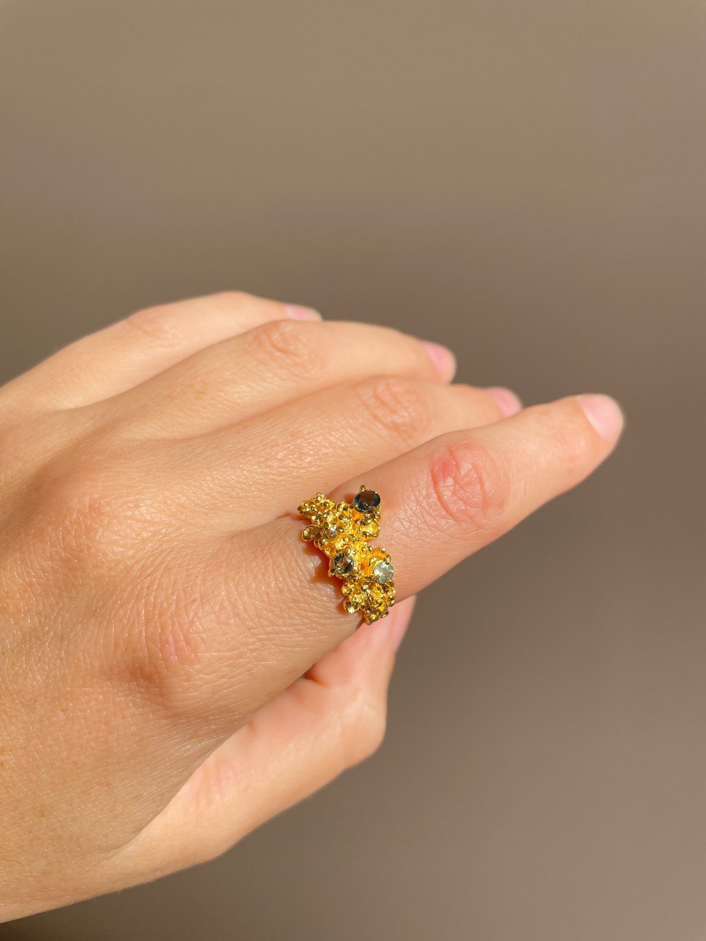 Coral Ring Gold with Green Sapphires & Tourmaline - size 6.5