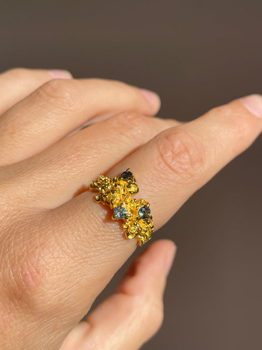 Coral Ring Gold with Blue & Aqua Sapphires - size 7.5